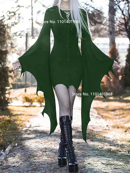 Cosplay Medieval Forest Elven Elf Pixie Costume For Women Gothic Vintage Slim Hooded Nienna Dress Halloween Carnival Party Dress