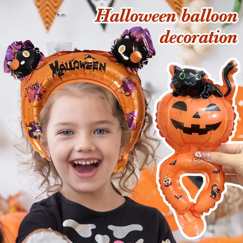 50/5pcs Halloween Balloon Headband Foil Balloons Stick Aluminum Film Inflatable Balloon Skeleton Pumpkin Hair Hoop Party Props