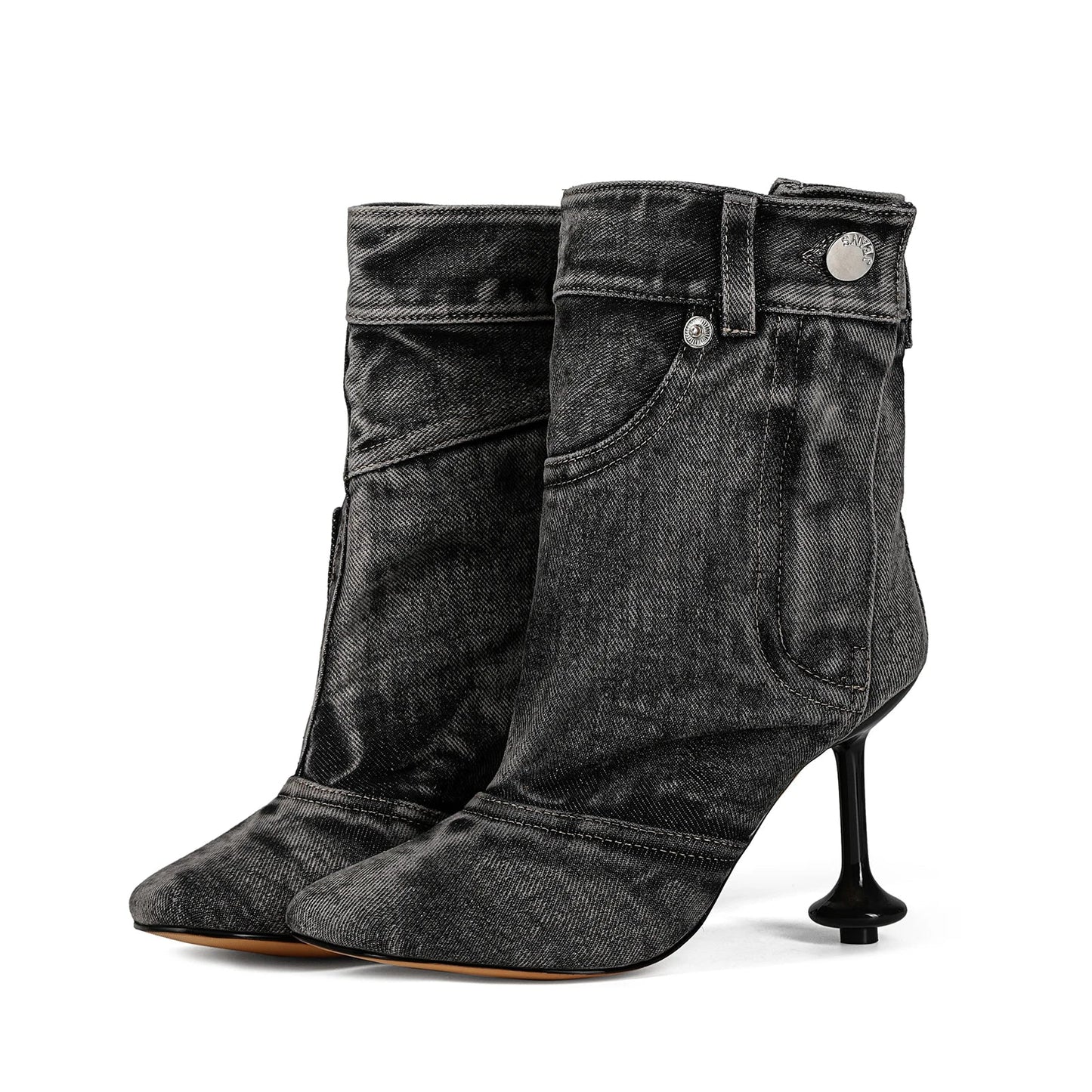 European and American Alien and Square Head Splicing Design Water Washed Cowboy Boots for Women's Trendy Side Zipper Short Boots