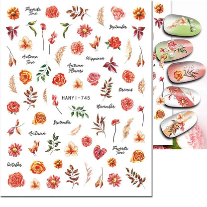 3d Nail Art Stickers Winter Autumn Golden Leaves Red Roses Flowers Decals For Nails Decoration Manicure Salon Beauty