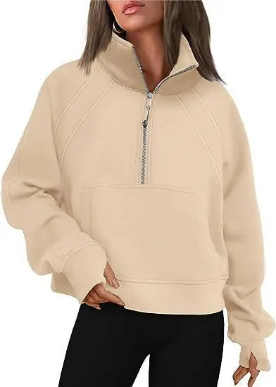 Sweat-shirt à col montant pour femme, sweat à capuche pour document solide, manches longues, poche adt, demi-fermeture éclair, pull sportif, haut streetwear, printemps, automne