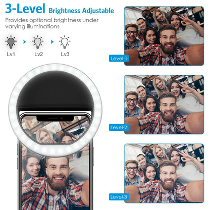 Anneau lumineux Led pour Selfie, Portable, Charge USB, lampe d'objectif de téléphone Portable, diffusion en direct, vidéo, lumière de remplissage pour Selfie, pour tous les smartphones