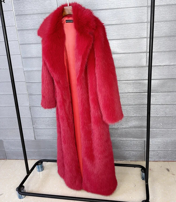 Manteau long en fausse fourrure pour femmes, automne hiver, grande taille, col rabattu blanc, poches, épais et chaud, manteau long maxi
