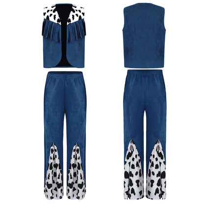 Enfants enfant Halloween Western Cowboy Cowgirl Cosplay Costume imprimé vache gilet à pampilles et ensemble de pantalon évasé Carnaval fête habiller