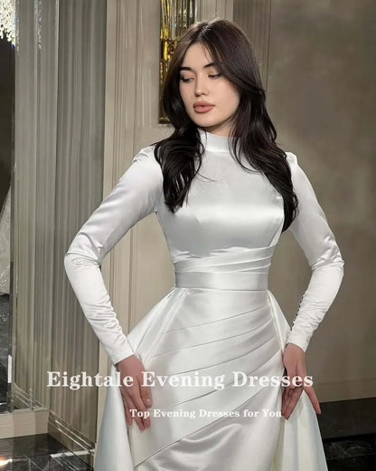 Eightale Arabic Wedding Dress High Neck Customized White Ivory Mermaid Long Sleeves Muslim Satin Bridal Gown Robe De Mariée