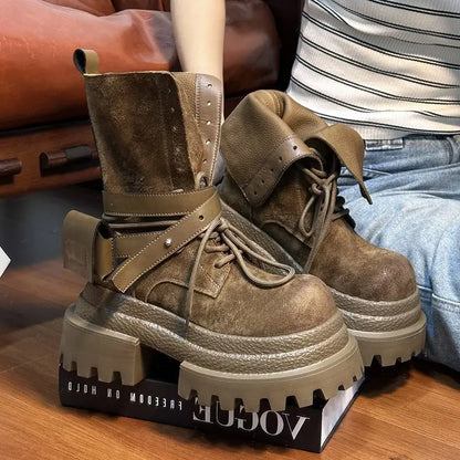 Bottes de Cowboy à grande tête en détresse, mode rétro, bottes de chevalier montantes de Style moto haut de gamme, bottes à semelles épaisses pour filles et femmes