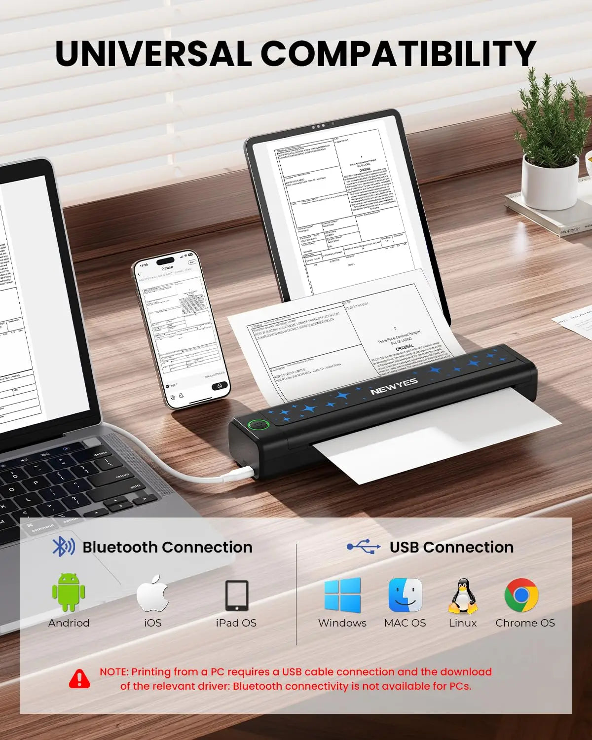 NEWYES Portable Thermal Printer Inkless Printer Wireless Connectivity Business Travel Home Education Use