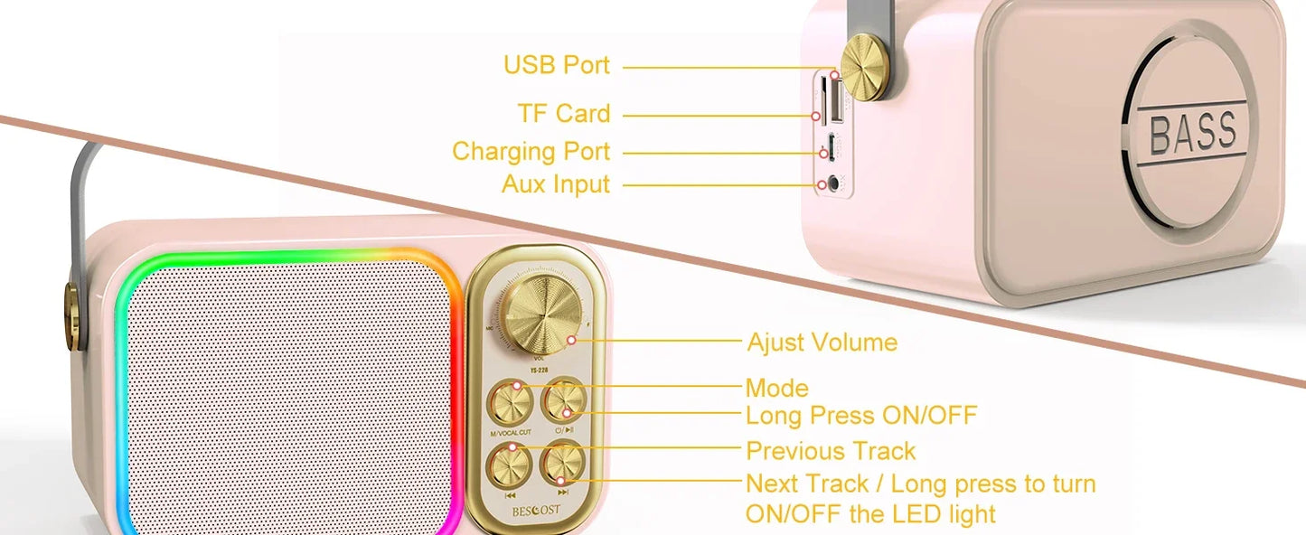 Bluetooth Speaker Accessory Portable RGB LED Light Karaoke With 1-2 Wireless Microphones Effects HIFI Stereo Surround Voice