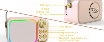 Bluetooth Speaker Accessory Portable RGB LED Light Karaoke With 1-2 Wireless Microphones Effects HIFI Stereo Surround Voice