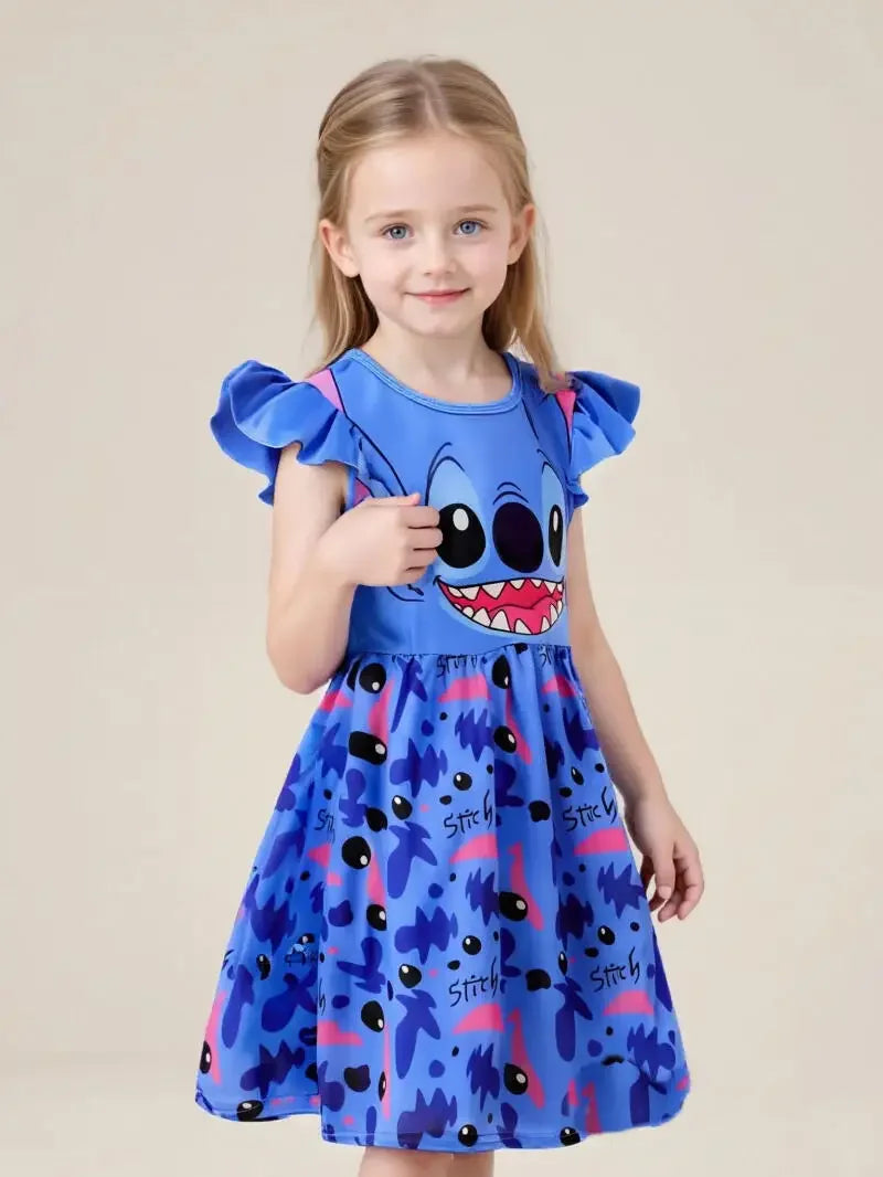 Costume de Cosplay Lilo et Stitch pour filles, robe de princesse bleue foncée imprimée, manches volantes, longueur aux genoux