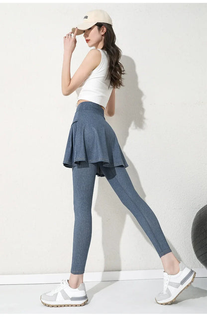 Women Cowboy Yoga Shark Skirts Pants Fake Two Piece Set Phone Pocket Sport Gym Running Leggings Tennis Outdoor Cycling Pants