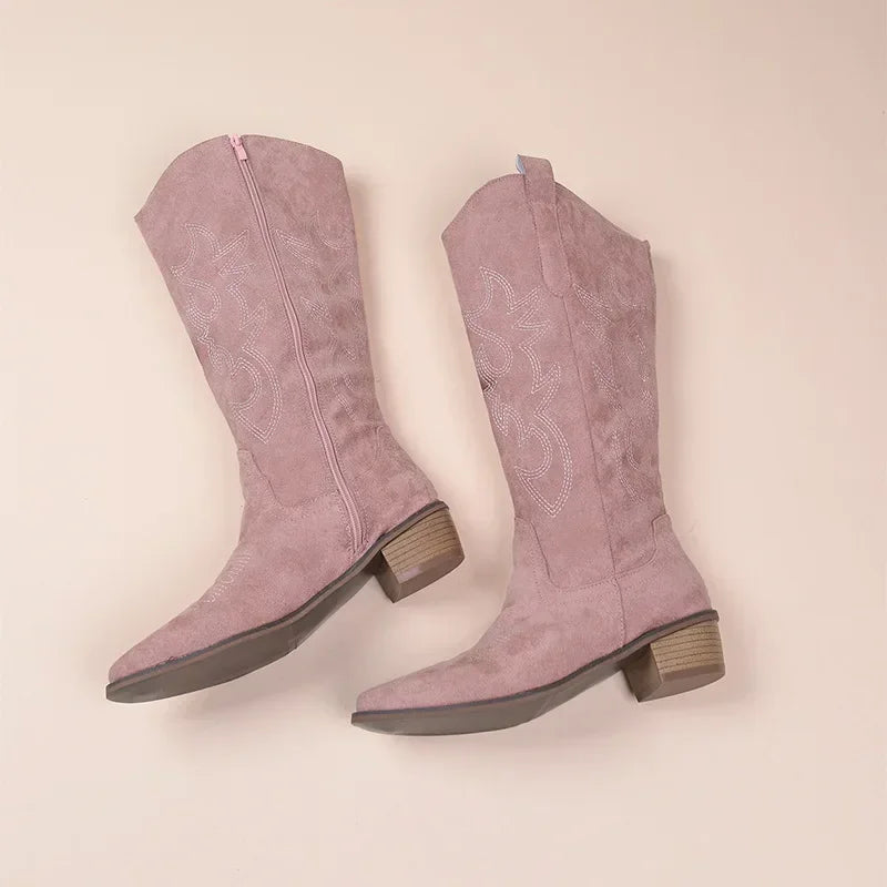 Embroidered Western Cowboy Boots for Women Autumn Pointed Toe Thick Heel High Knee Boots Woman Loose PU Leather Long Botas Mujer