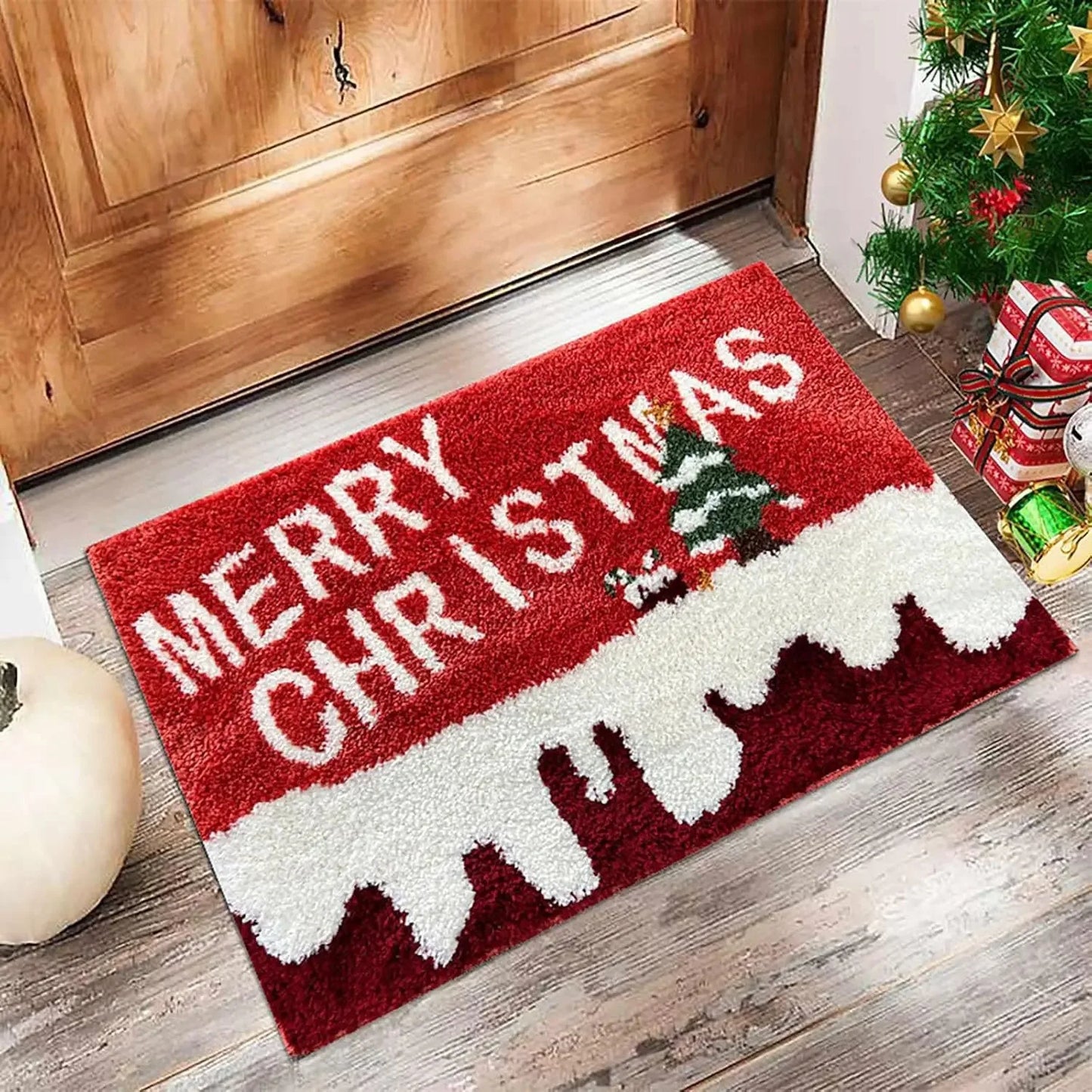 Tapis de porte de Noël rouge Père Noël extérieur et intérieur Tapis de cerf en pain d'épice Nouvel An 2026 Joyeux Noël Décor à la maison Tapis de pied