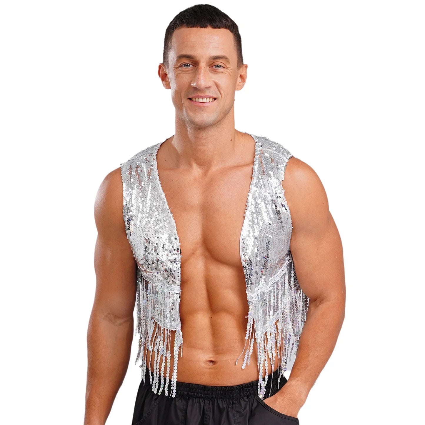 Mens Cowboy Western Costume Shiny Vintage 70s Disco Costumes Fringe Sequin Waistcoat Sleeveless Open Front Cropped Vest Cardigan