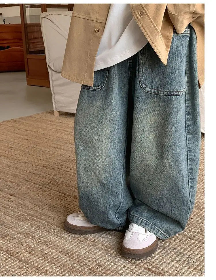 Korean Children's Denim Overalls Spring Autumn Casual Jeans Wide Denim Pants Wide Leg Jeans for Kids Loose Streetwear Trouser