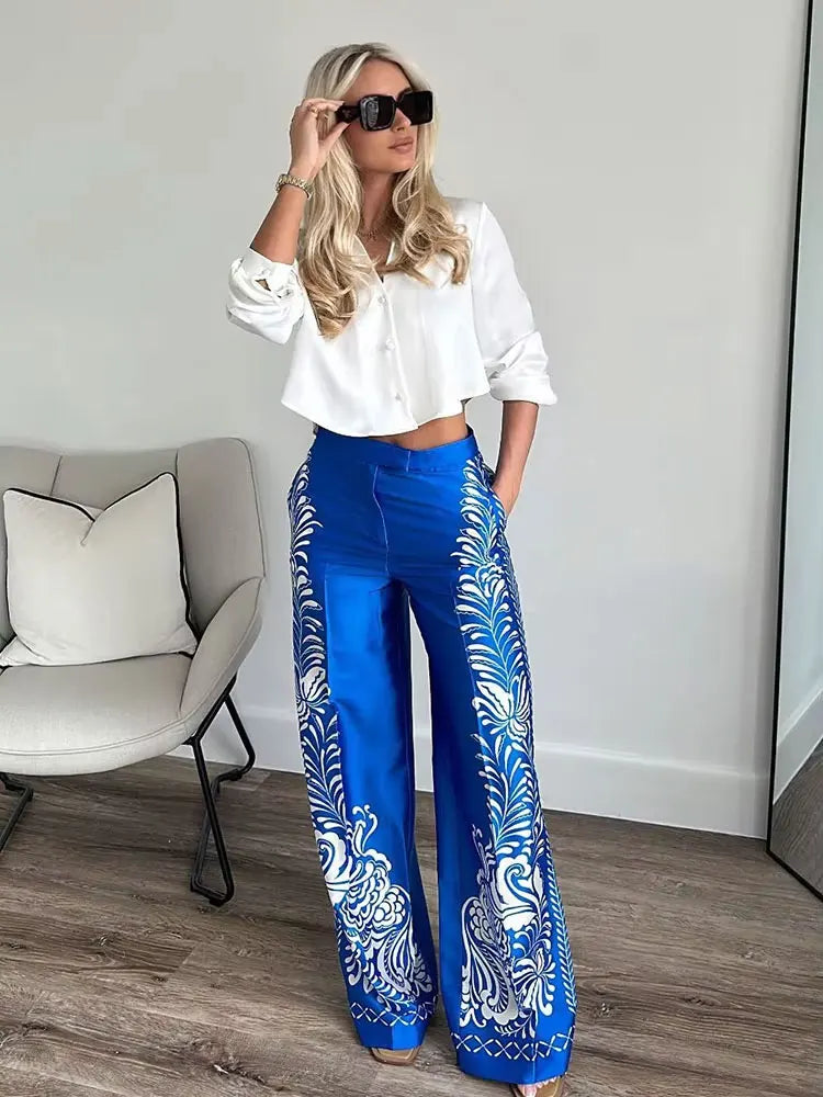 TRAFZA Woman Fashion Spring Wide Leg Pants Blue Print High Waist Pockets Button Zipper Trousers Female Bohemian Style Long Pants