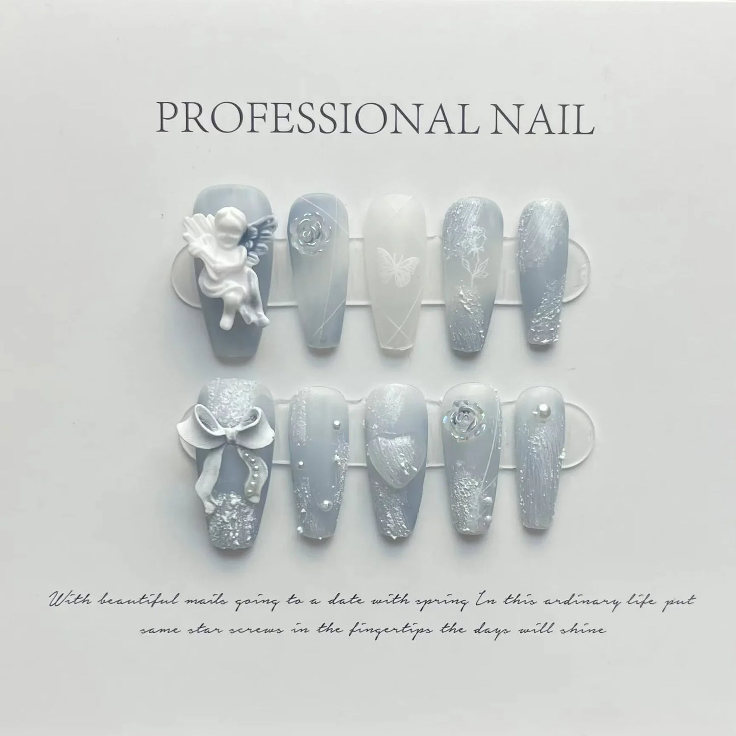 10 faux ongles bleus faits main de style cowboy, ongles adhésifs à presser, couverture complète, Uñas Накладные Ногти