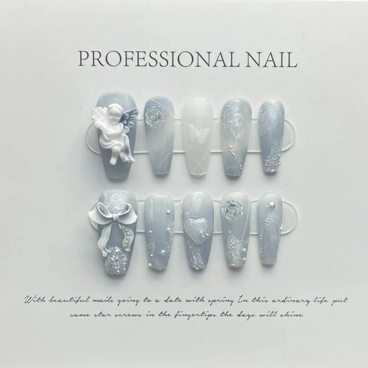 10Pcs Blue Handmade Press on Nails Cowboy Style Fake Nails Wearable Stick-on Nails Full Cover False Nail Uñas Накладные Ногти