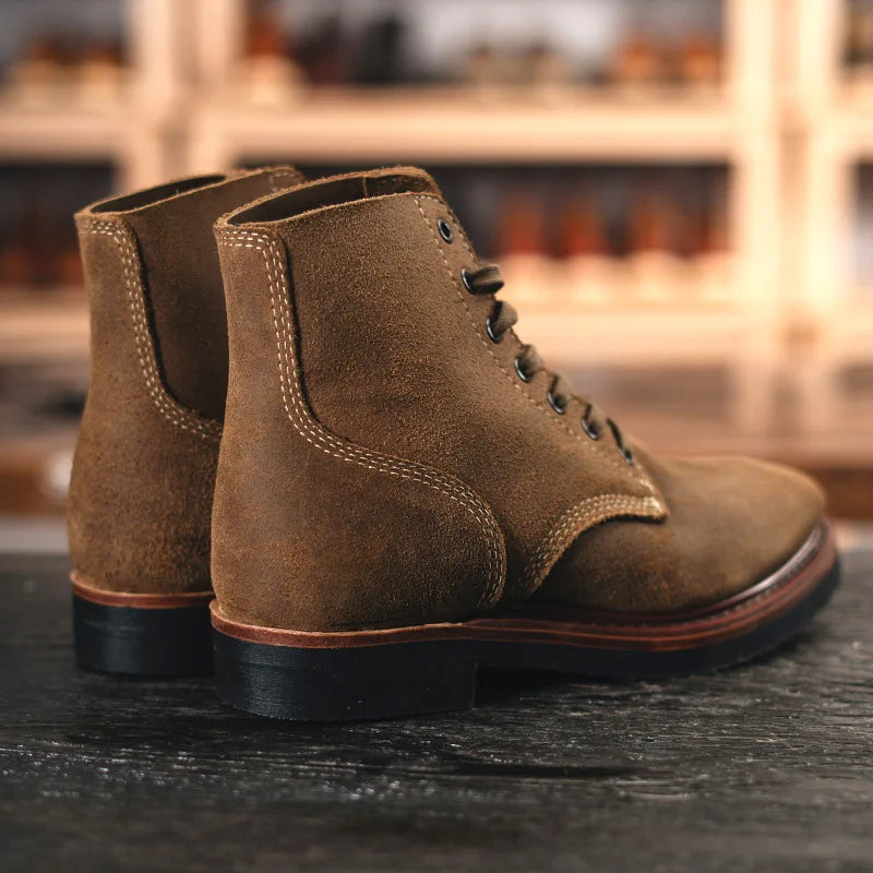 Bottes de Moto rétro en cuir de vache, montantes, durables, soudées Goodyear, chaussures de marche résistantes à l'usure pour hommes
