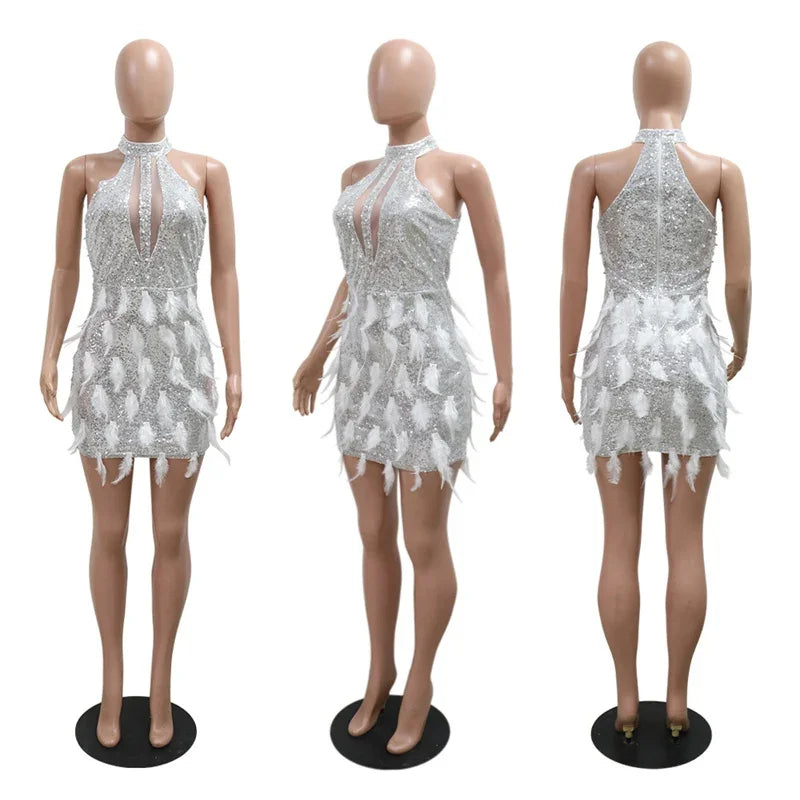 Sexy Glitter Sequins Birthday Dress Women Nightclub Party Halter Backless Feathers Sleeveless Prom Cocktail Short Dresses Robe