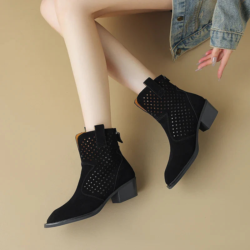 2025 Spring Autumn Chelsea Boots for Woman Cow Suede Pointy Toe Wedge Heel Ankle Boots Cutouts Comfortable Cowboy Boots Female
