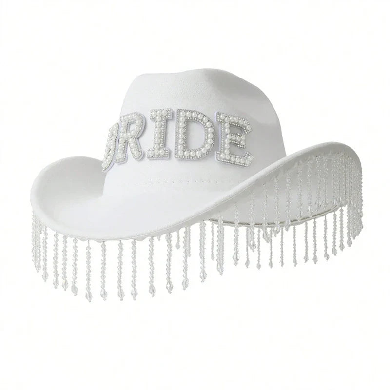 Cowgirl Hat for Bride Elegant Fringed Bead Hat Masquerade Party Letter Bride Hat Dropshipping