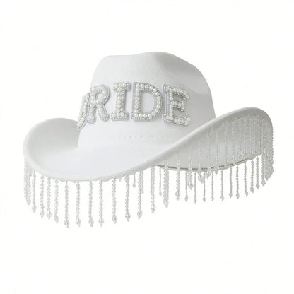 Cowgirl Hat for Bride Elegant Fringed Bead Hat Masquerade Party Letter Bride Hat Dropshipping