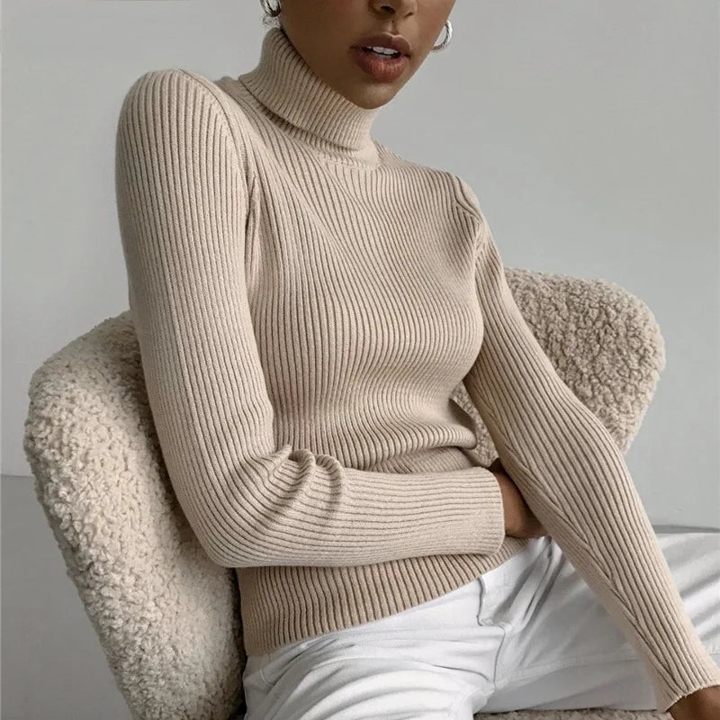 Women Sweater 2024 Autumn Knitted Pullovers Turtleneck Slim Knitting Bottoming Shirt Solid Color Knitwear Jumpers Basic Sweaters