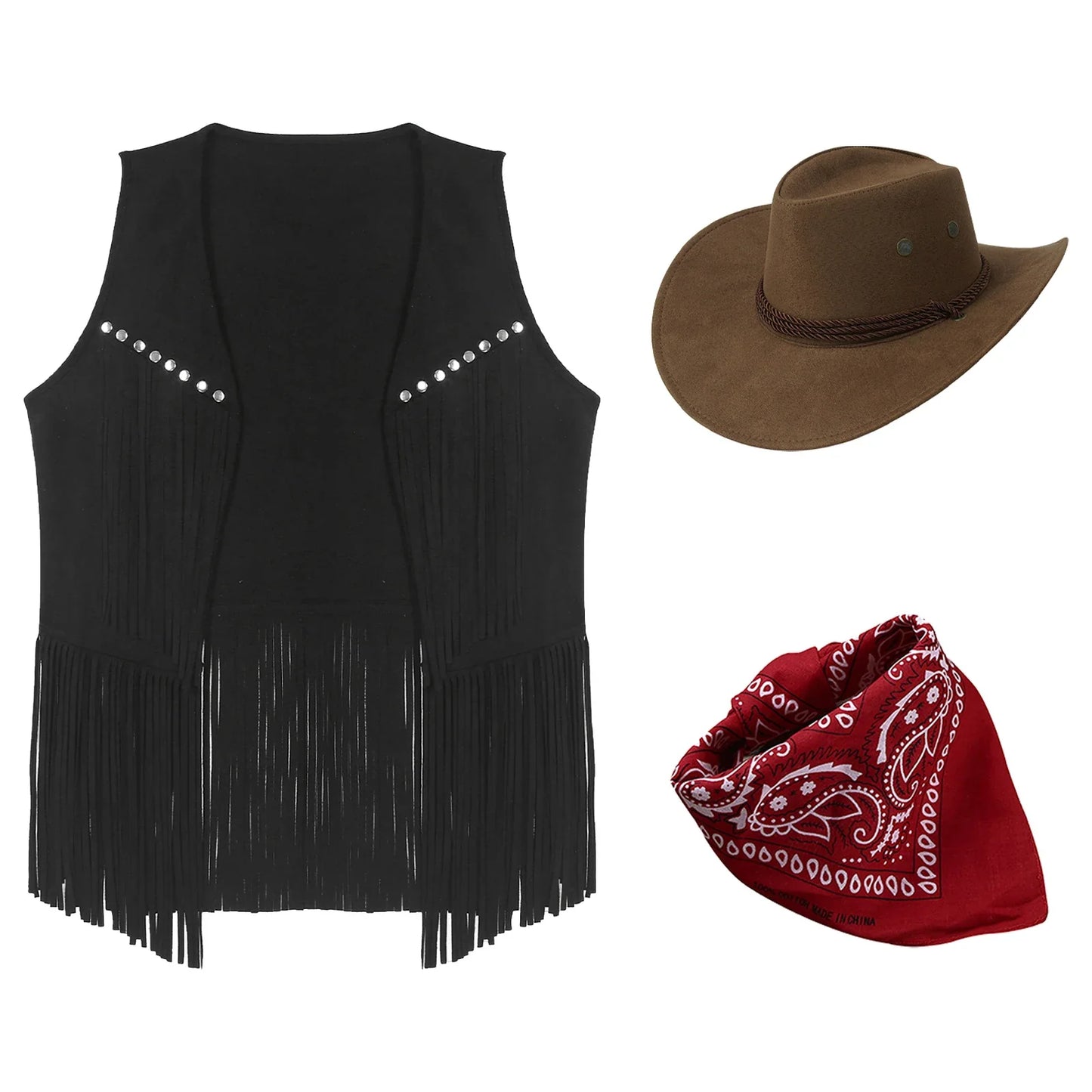 Women Cowboy Vest Halloween Party Western Cowgirl Cosplay Costume Faux Suede Tassel Fashion Rivets Waistcoat with Bandanna Hat