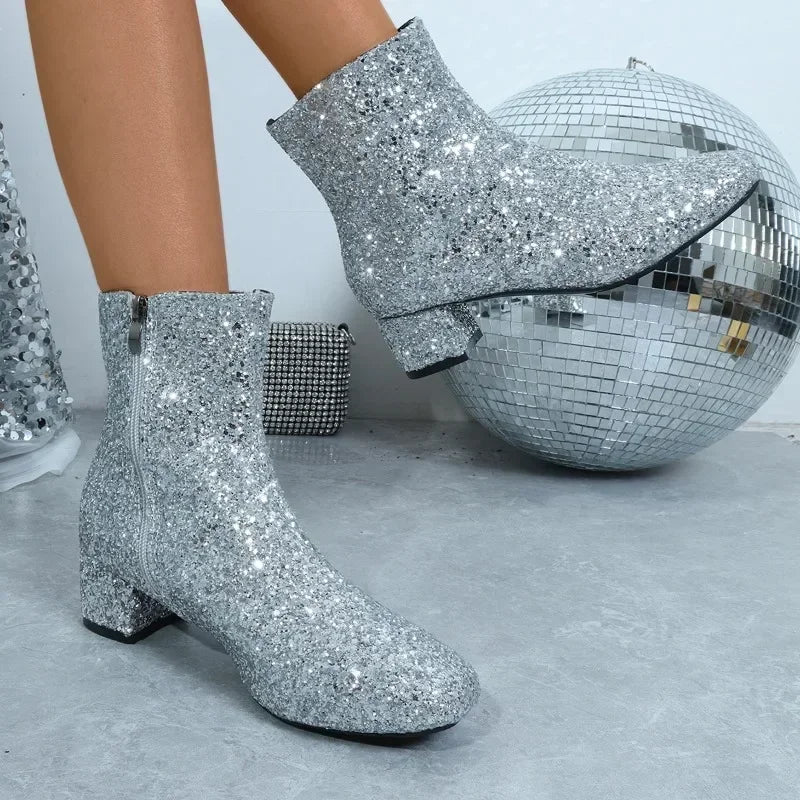 Boots Women Chrias Glitter Zipper Chunky Heel Ankle Boot Sequins Round Toe Chunky Heels Ankle Boots Party Shoes for Women 42 43