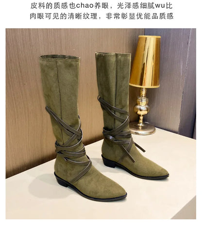 Matte Leather Gothic Western Cowboy Boots Women's Fashion Autumn New Style Pointed Toe Lace-up Retro High Top Flat Heel Boots
