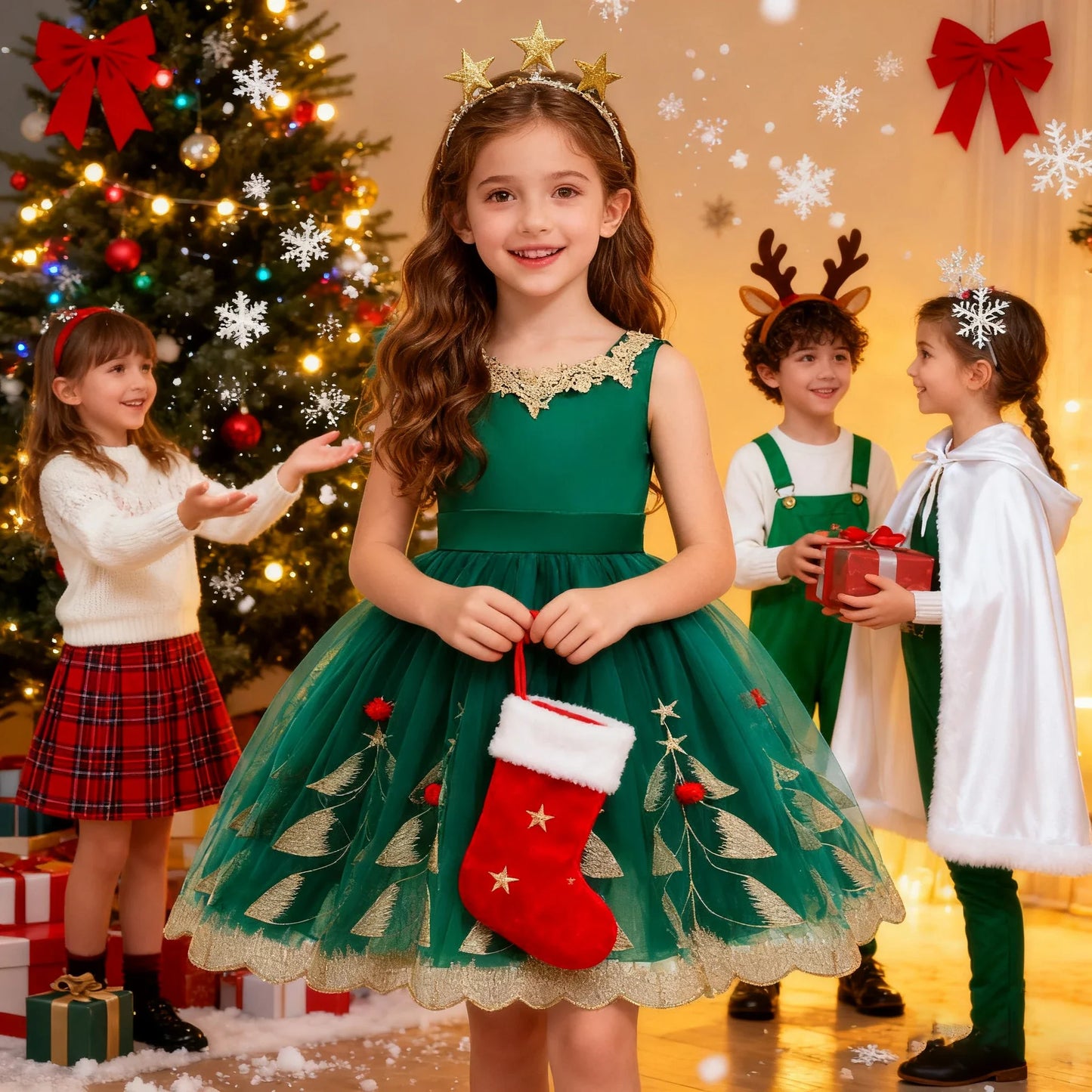 Robe de Princesse Fille Soirée Noël Enfant Broderie Elfe Élégante Manche Volantée Robe de Fête d'Anniversaire
