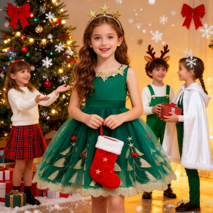 Robe de Princesse Fille Soirée Noël Enfant Broderie Elfe Élégante Manche Volantée Robe de Fête d'Anniversaire
