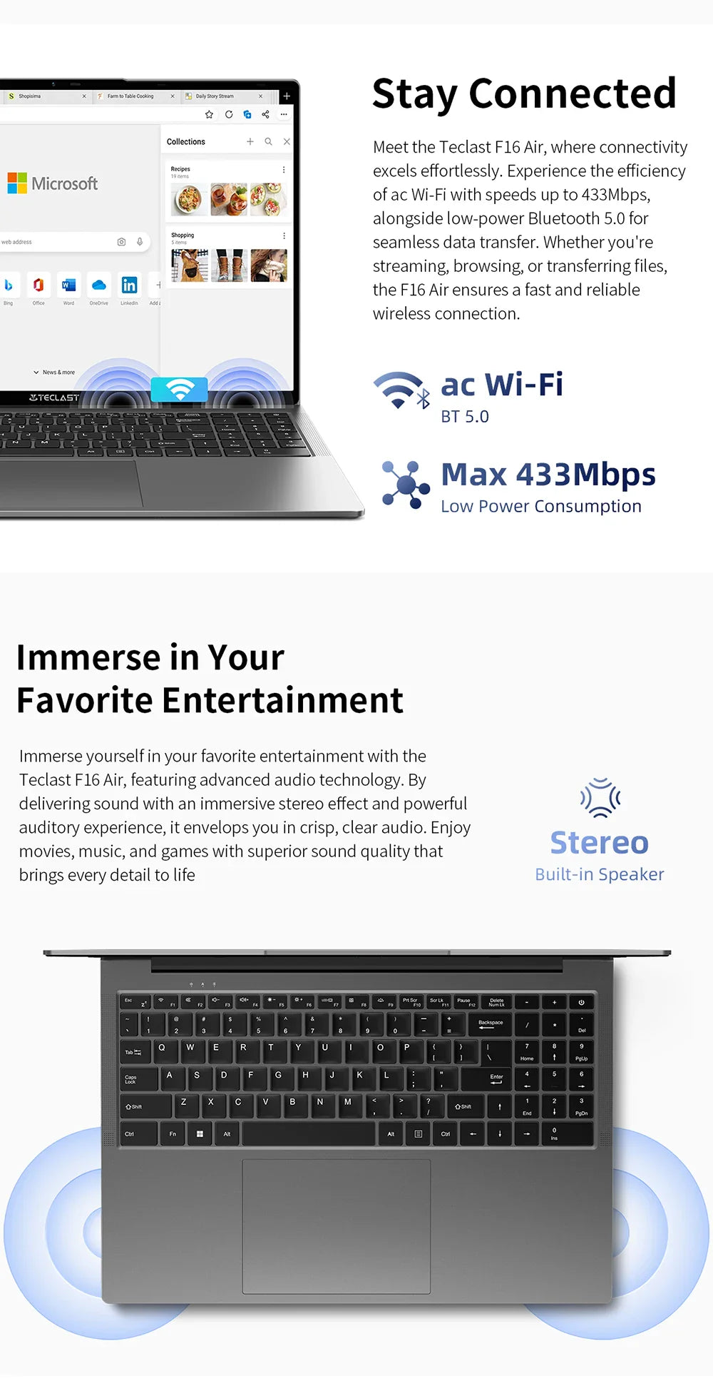 TECLAST F16 Air 16 inch laptop, Flip 180 degree, 16GB + 512GB, for Intel N95 CPU, Windows 11, mini HDMI, backlit keyboard