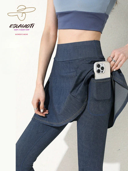 Women Cowboy Yoga Shark Skirts Pants Fake Two Piece Set Phone Pocket Sport Gym Running Leggings Tennis Outdoor Cycling Pants