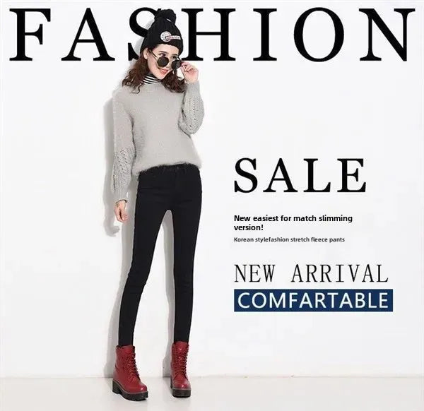 WinterFleece-Lined Thickened High-Waisted Jeans Women's Korean Style Black Slimming Trousers Student Elastic Long Pants