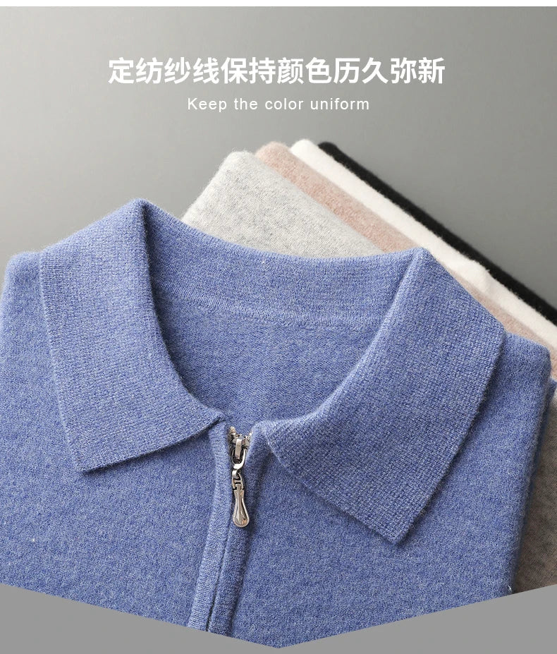 Autumn and Winter New Cashmere Sweater Men's 100% Merino Wool Pullover Casual Loose POLO Knitted Bottom Shirt Jacket Shirt