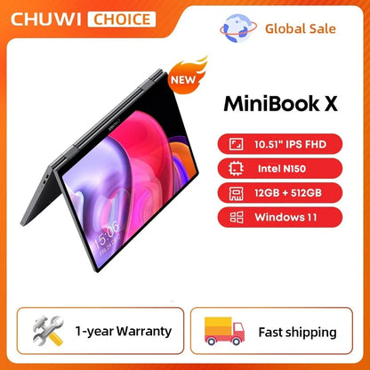 Ordinateur portable tablette 2 en 1 CHUWI MiniBook X Intel N150 CPU Écran FHD IPS 10,51" 12 Go LPDDR5 512 Go SSD Windows 11 1200*1920