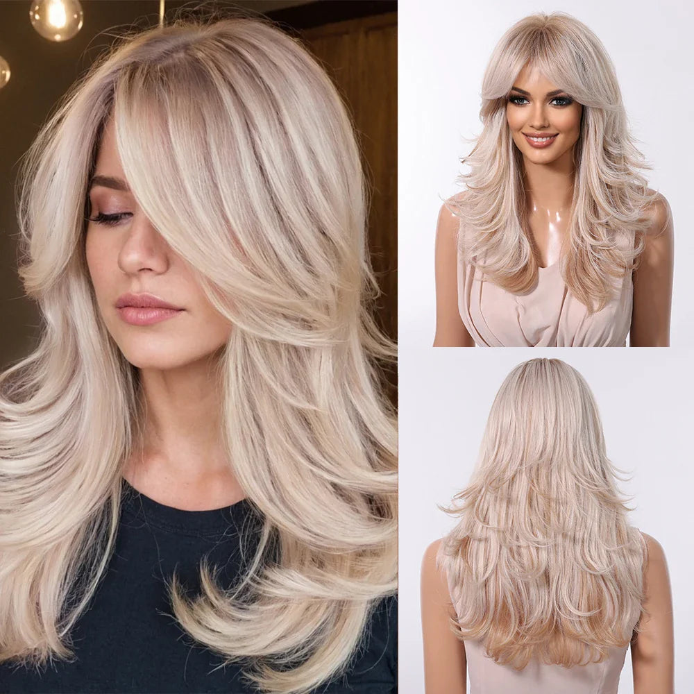 Brown Blonde Ombre Synthetic Wigs for Women Medium Length Wavy Layered Wigs With Side Bangs Daily Party Heat Resistant Fake Hair