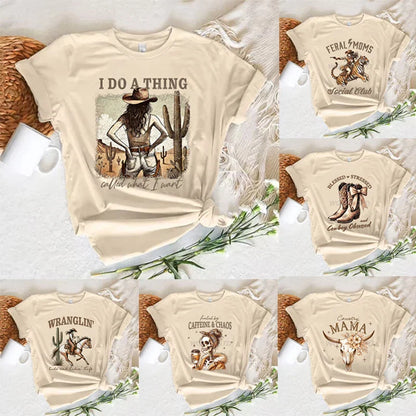 Cowgirl T-shirts Women Summer Short Sleeve T-shirt Funny Mothers Day Retro Clothing Harajuku Cowgirl Fashion Casual Tops Tees