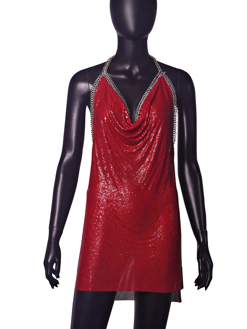 Sexy Hot Pink Glitter Sequin Party Dresses Bling Aluminum Chainmail Dress Backless Halter V Neck Side Slit Metal Party Outfit