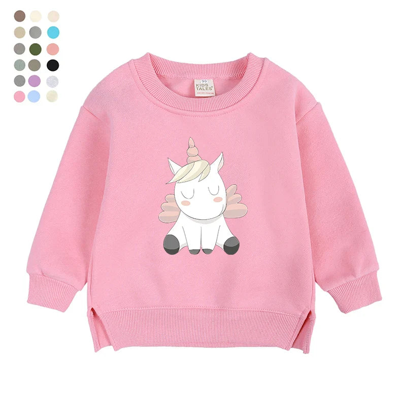 2024 Sweat-shirt polaire Licorne pour enfants, automne, 6 mois-7 ans, col rond, dessin animé, vêtements pour adolescents, garçons et filles, tenues de sport décontractées, costume
