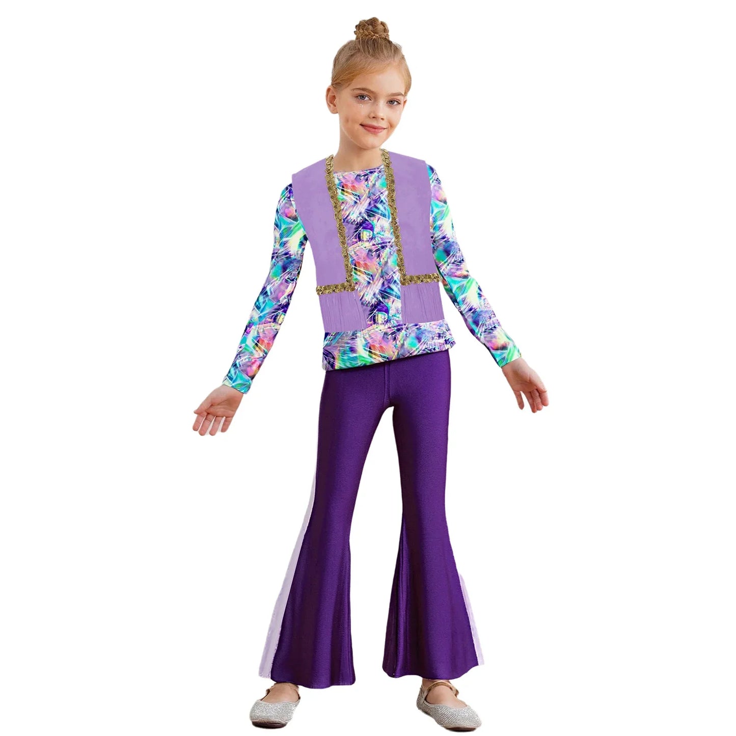 Girls Halloween Disco Hippie Western Cowgirl Carnival Cosplay Costume Printed Shirt Tops with Tassels Vest And Flared Pants Set