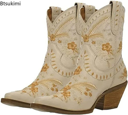 New 2025 Embroidered Western Boots For Women Ankle Bootie Cowboy Cowgirls Flower Print Fashion Chunke Heel Slip On Ankle Boots