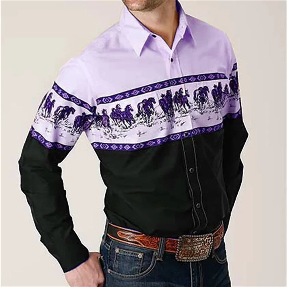 Western Cowboy Flower Printed Long Sleeve Shirt for Spring and Summer Comfortable Soft Fabric Party Men's Collar Shirt