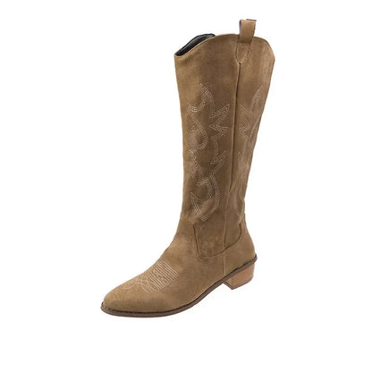 Bottes de Cowboy occidentales brodées pour femmes, bout pointu, talon épais, bottes hautes aux genoux, amples, en cuir PU, longues, automne
