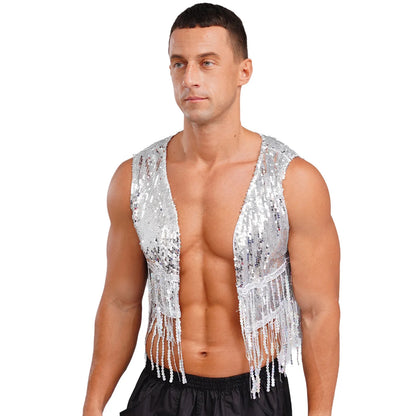 Mens Cowboy Western Costume Shiny Vintage 70s Disco Costumes Fringe Sequin Waistcoat Sleeveless Open Front Cropped Vest Cardigan