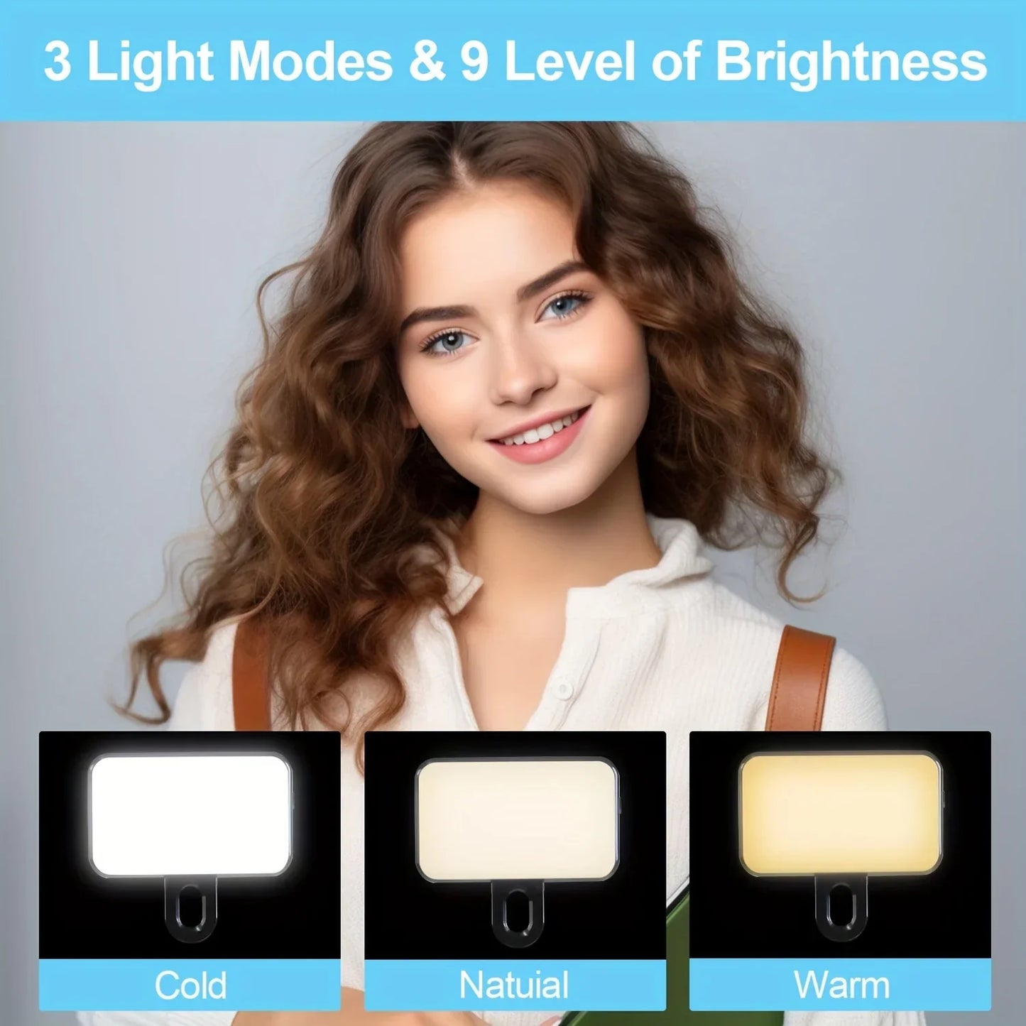 Lumière de remplissage pour selfie – Mini LED à clipser, rechargeable, 3 modes de couleur et luminosité réglable pour téléphones et ordinateurs