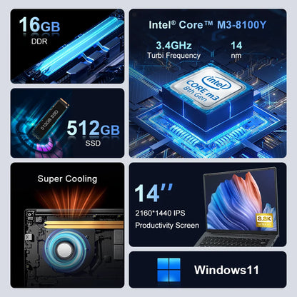 Ninkear X14 Laptop 14 Inch 2160*1400 IPS 2K Screen Intel core m3-8100Y 16GB 512GB Windows 11 General Use Productivity Notebook