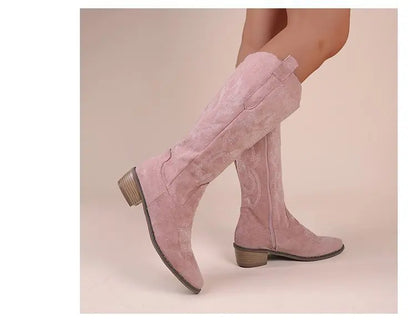 Bottes hautes à talon épais, amincissantes et longues, ne dépassant pas le genou, brodées, style rétro western cowboy, Nouvelle Collection Hiver 2025